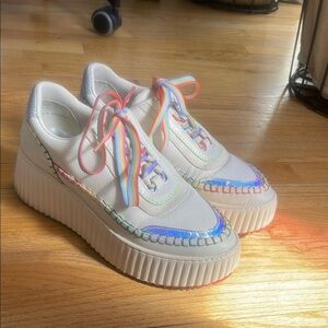 White Platform Sneakers with Rainbow Laces